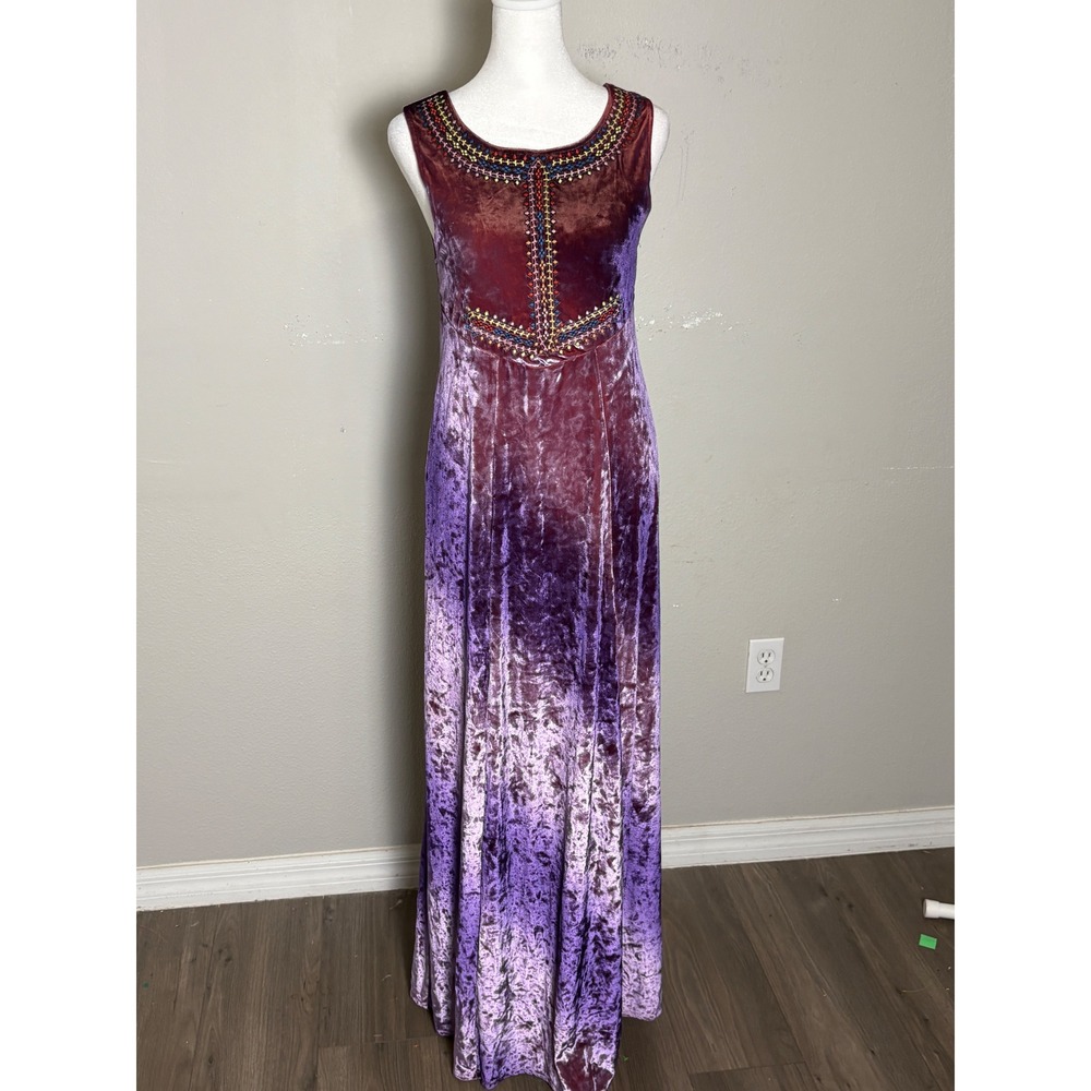 Free People Velvet Ombre Embroidered Maxi Dress Purple Burgundy XS